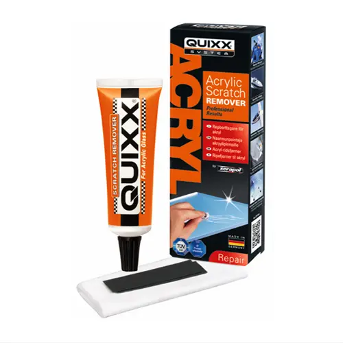 En tub repborttagare med tillhörande förpackning och trasa tillverkad av Quixx