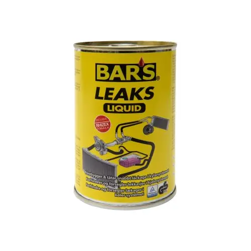 En gul burk med kylartätningsmedel tillverkad av "Bar's" som heter "leaks liquid"