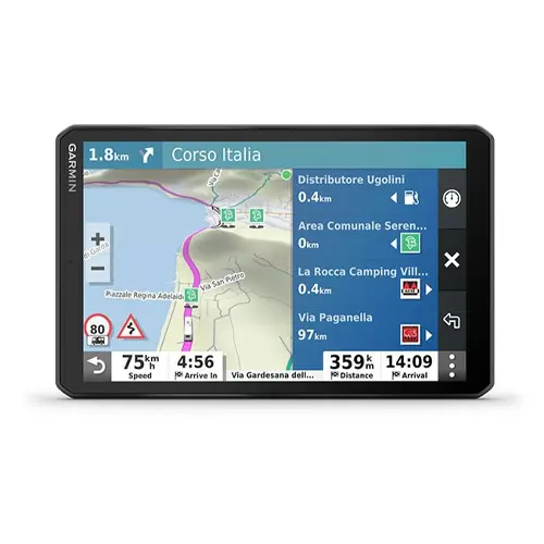 En stor svart GPS för husbilar tillverkad av Garmin