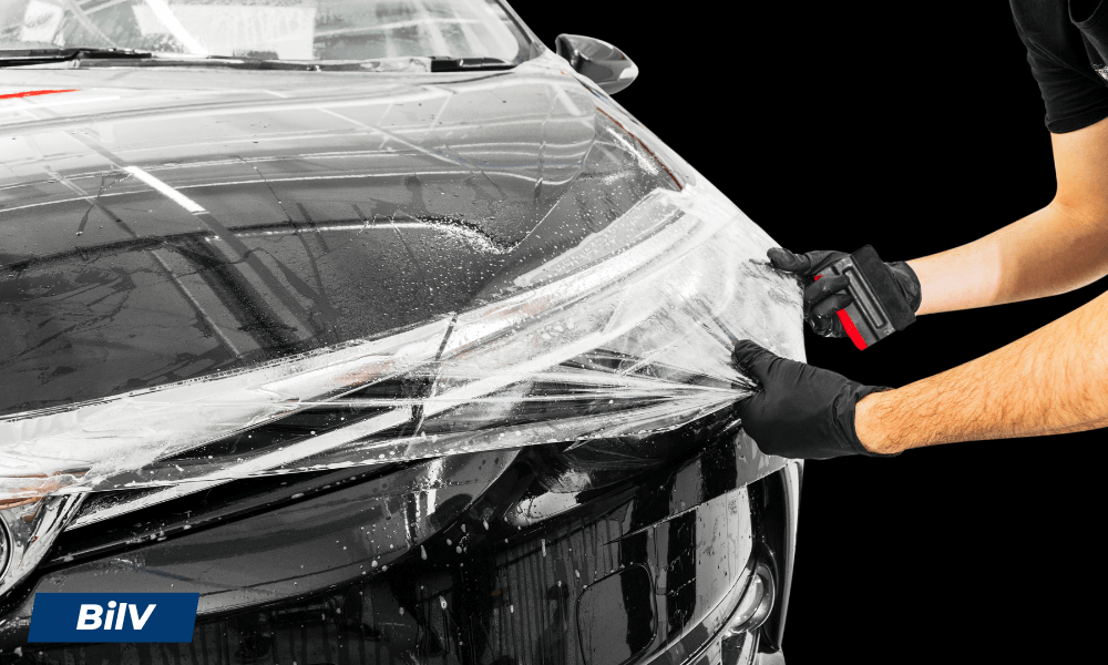 Installatör applicerar skyddsfilm på bilens front för att bevara lack och plastdetaljer mot slitage.