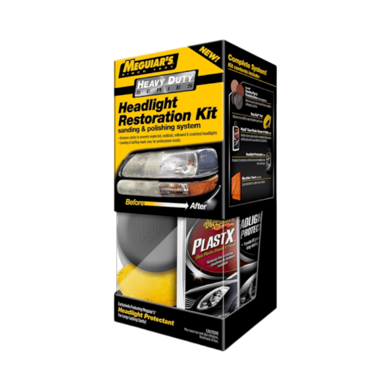 Meguiar’s Heavy Duty Headlight Restoration Kit för slipning och polering av slitna strålkastare.