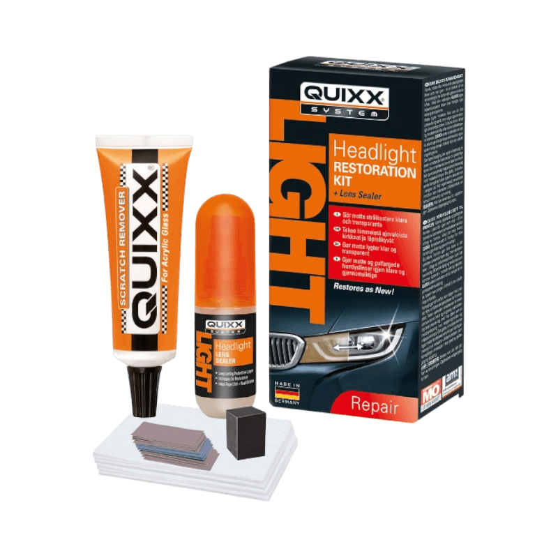 Quixx Headlight Restoration Kit med repborttagare och linsskydd för att återställa strålkastarklarhet.