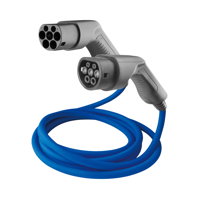 Grå Amptec Gelia Mode 3-laddkabel med Typ 2 till Typ 2‑kontakt för säker och smidig elbilsladdning.