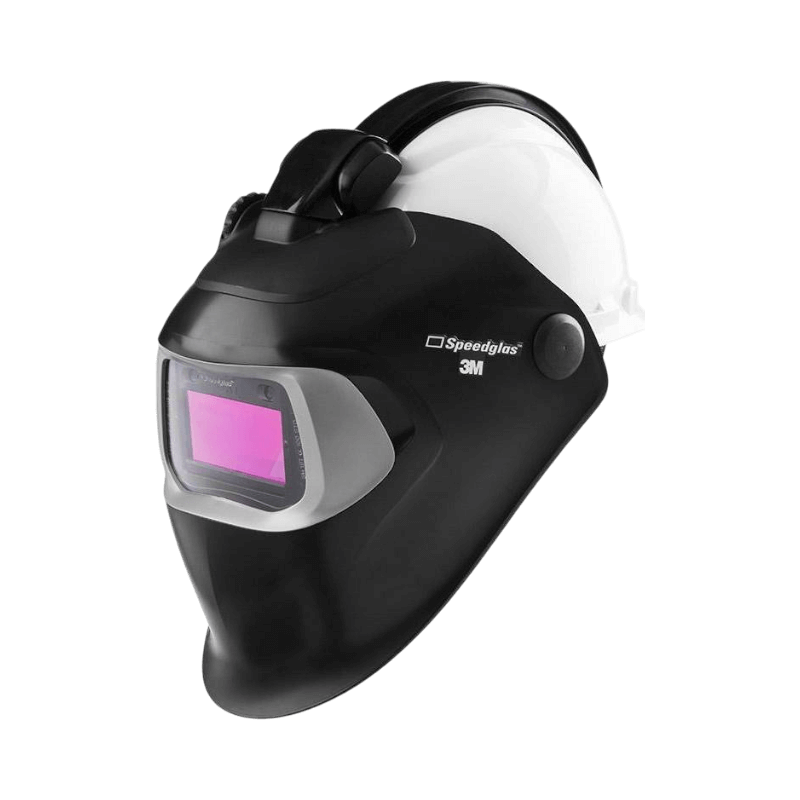 Speedglas svetshjälm med snabbfäste och hjälm, kombinerar säkerhet och bekvämlighet i industrimiljö.