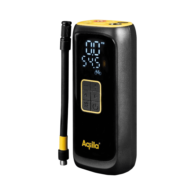 Aqiila Airbird C4 portabel däckpump med digital display och inställningsknappar.