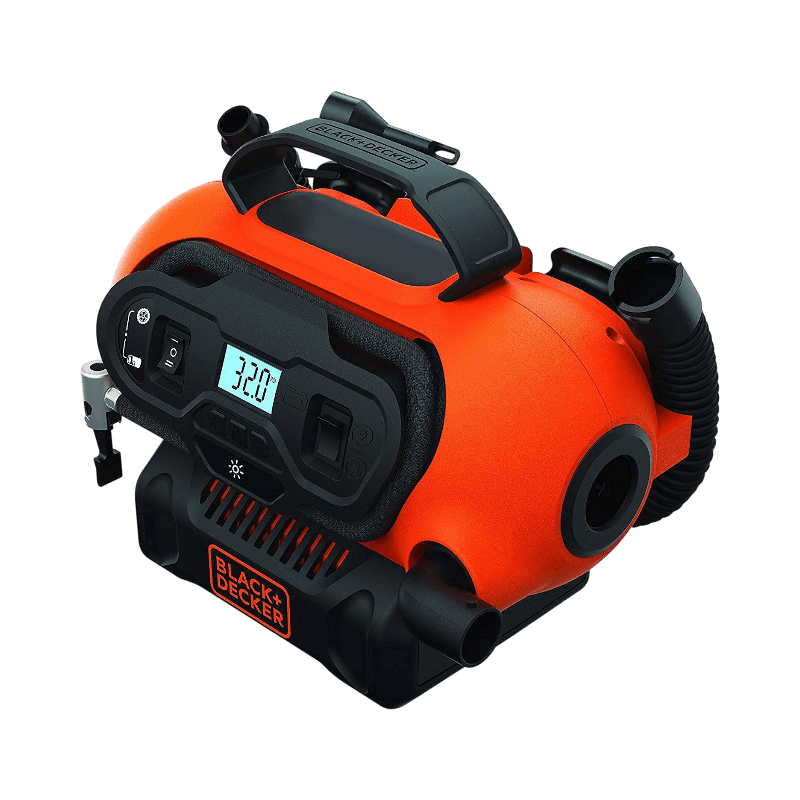 Kompakt och sladdlös Black & Decker kompressor med digital display och flera munstycken.
