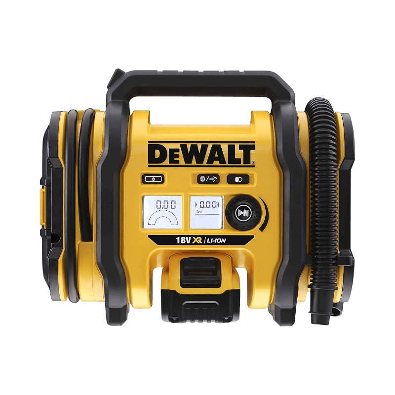 Kompakt gul DeWalt batteridriven kompressor med digital display och inbyggt slangfäste.