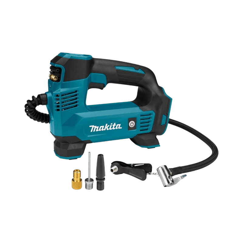 Makita sladdlös kompressor med blått hölje och tillbehör för bildäck och bollar.