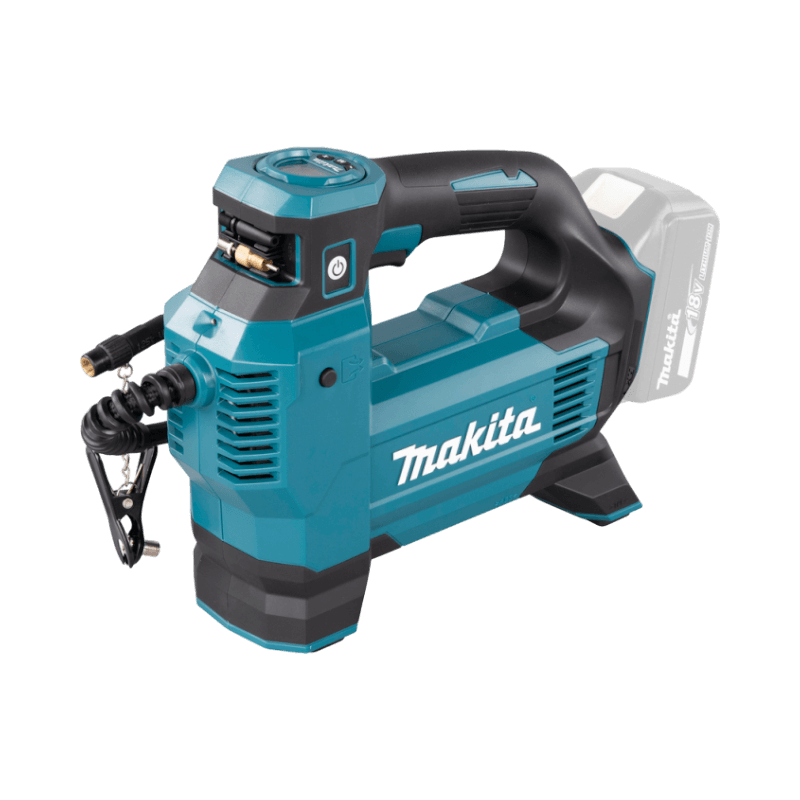 Batteridriven kompressor från Makita 18V, perfekt för snabb och smidig däckpåfyllning.