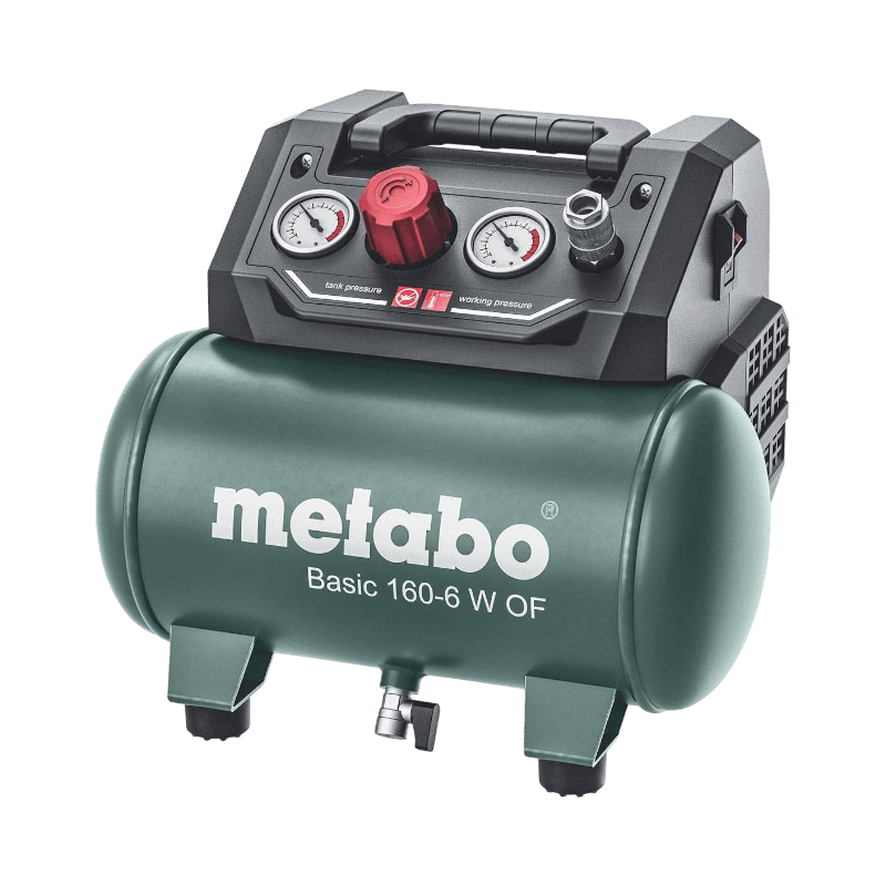 Grön Metabo Basic 160-6 W OF kompressor med dubbla tryckmätare och bärhandtag.