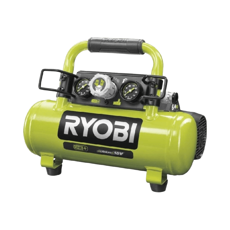 Bärbar Ryobi 18V kompressor i grönt med tydlig tryckmätare och robust konstruktion.