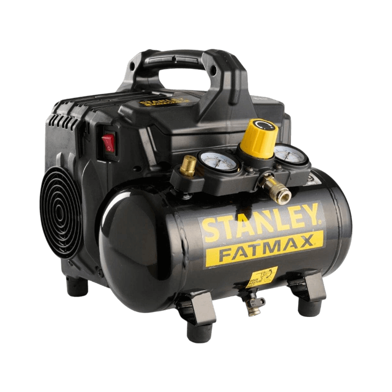 Stanley Fatmax kompressor i svart med gula detaljer, tryckmätare och metallanslutning.