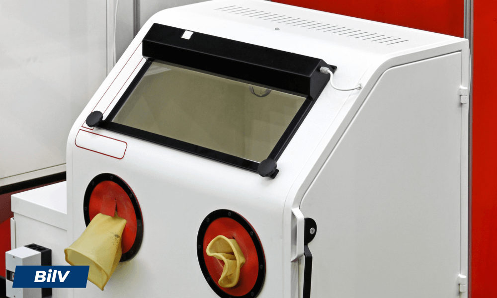 Industriblästerskåp med handskar för säker och effektiv blästring av metalldelar.