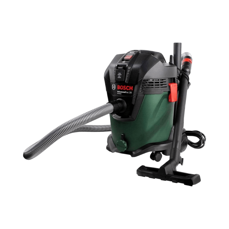 Bosch AdvancedVac 20 grovdammsugare i grönt med slangfäste och tillbehörshållare.