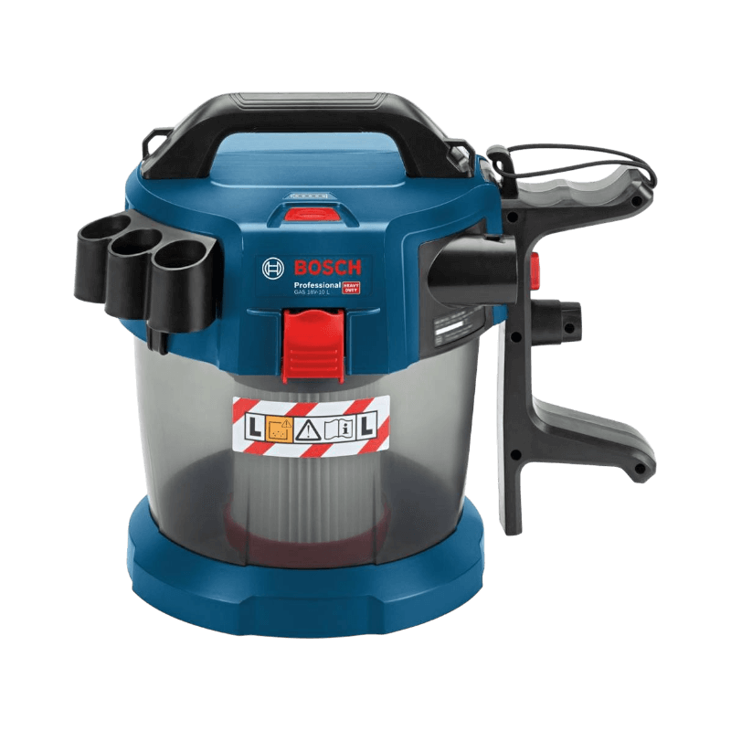 Bosch GAS 18V‑10 L kompakt grovdammsugare med blå design och tydliga varningsetiketter.